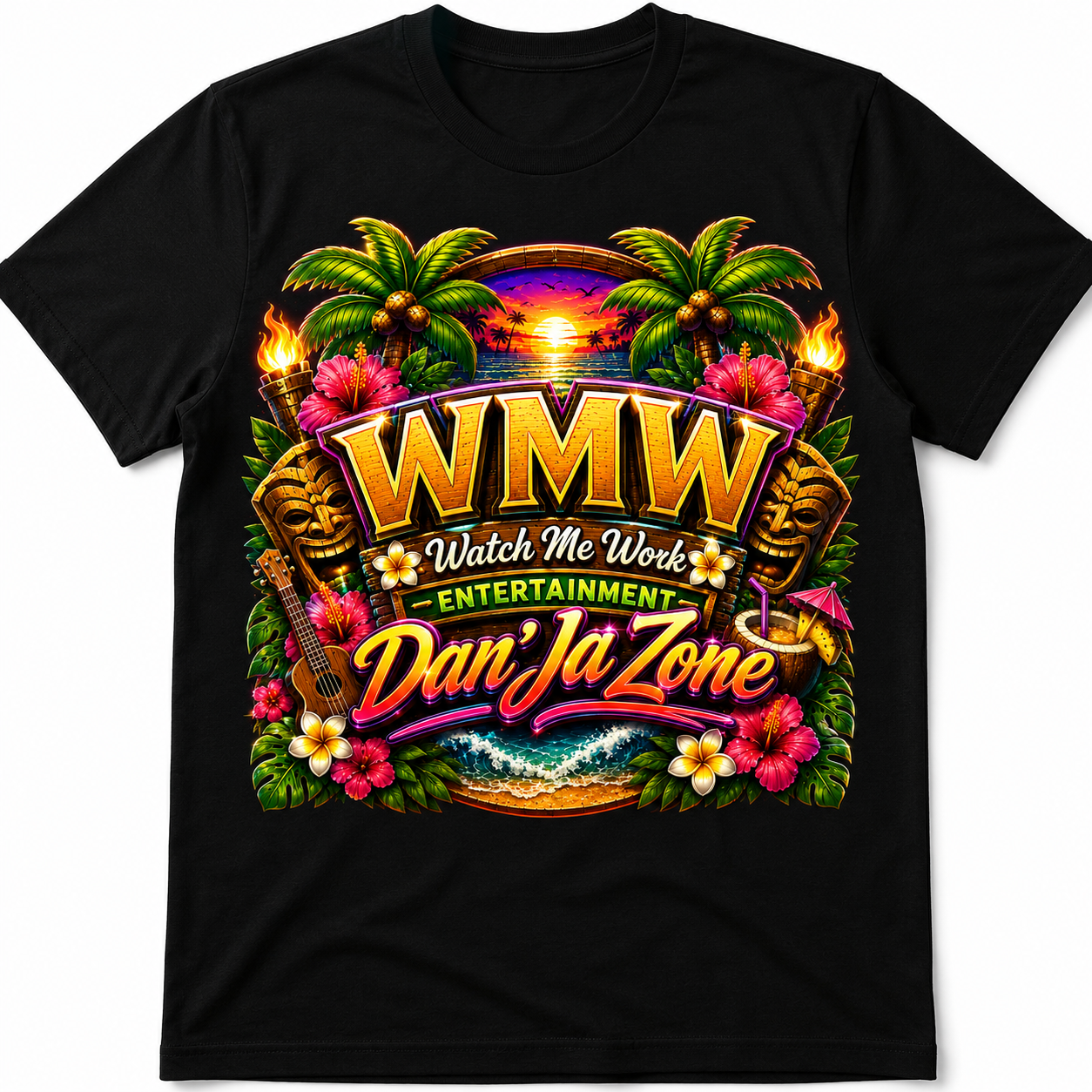 Watch Me Work Apparel: Dan’Ja Zone Tiki Exotic Luau Turn Up  T-Shirt (Exclusive Design)